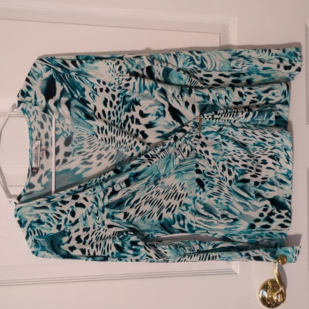 Jennifer Lopez women's teal leopard print long sleeve blouse size S